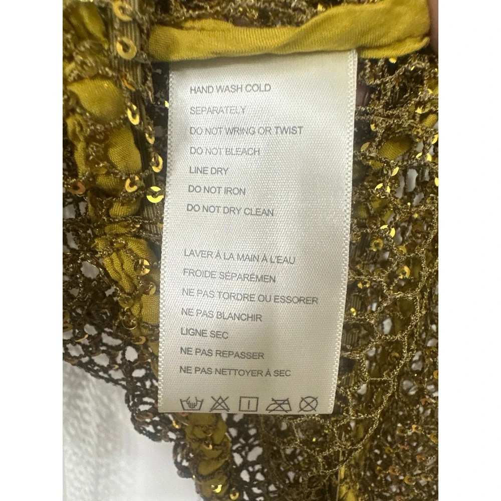 Gold Sequin Mesh Long Sleeve Cropped Top Sheer Metallic Party Blouse Womens